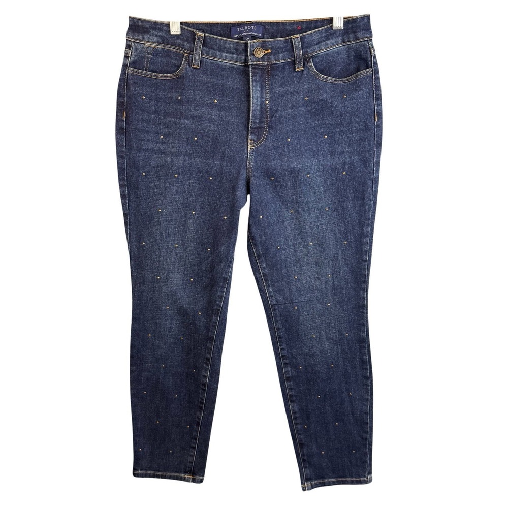 Talbots Simply Flattering Ankle Jeans Womens 12P Dark Wash Stretch Denim Studded